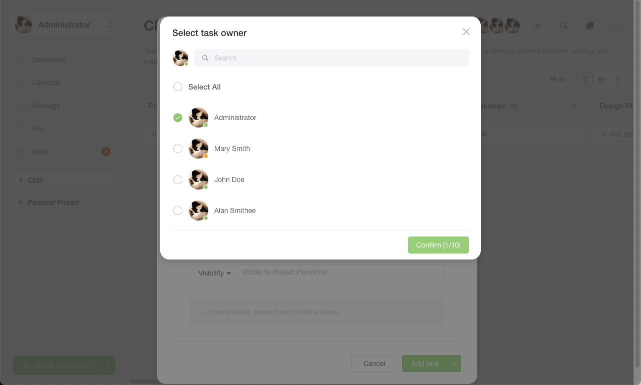 Person in Charge Setting Interface