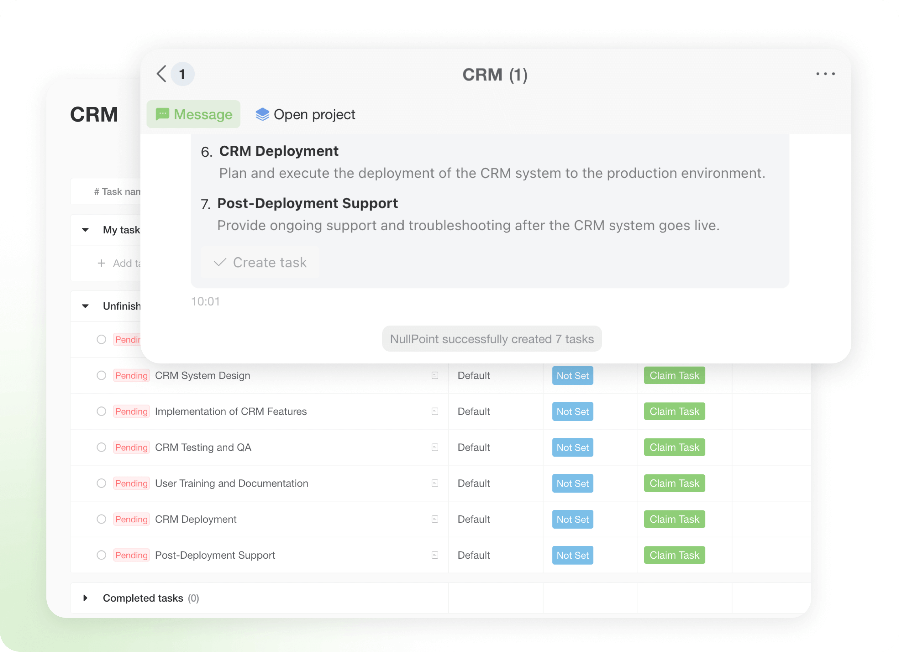 AI automatically generates a task list based on the content to ensure that each task is clear. After generation, click 'Confirm' and AI will add the task to the project task bar to help you manage your work efficiently.
